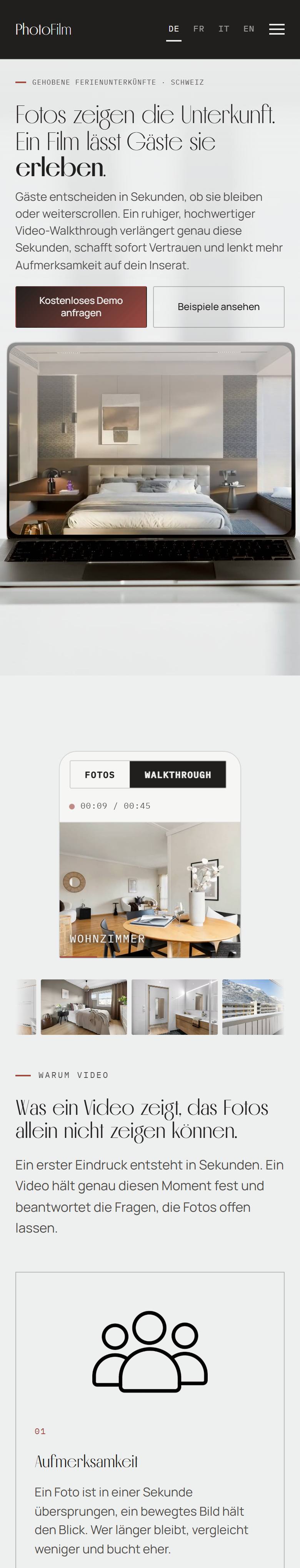 Startseite einer gebauten Website im Handyformat